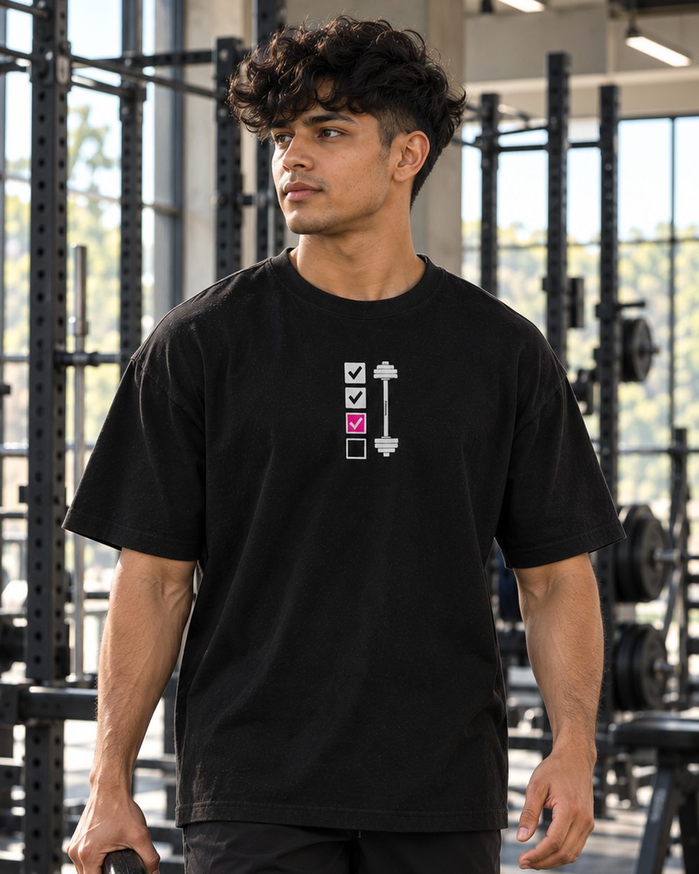 Atlas tee, checklist chest print, carrying a weight plate across the gym