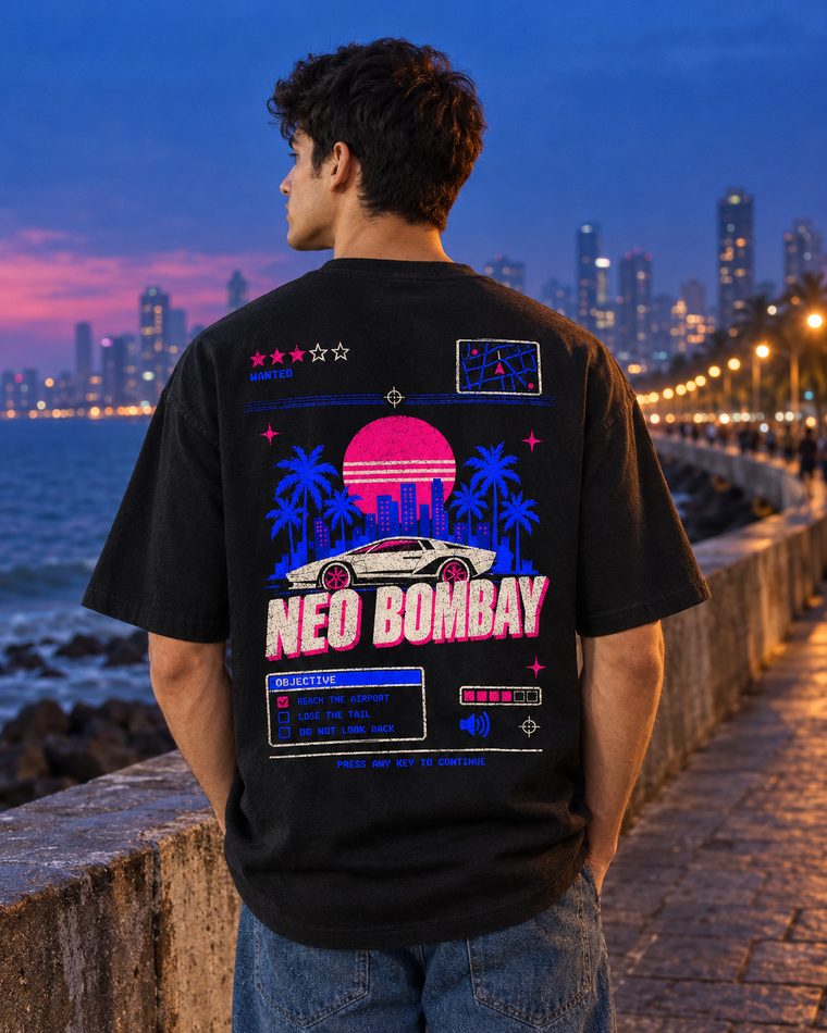 Neo Bombay tee, full back print at Marine Drive