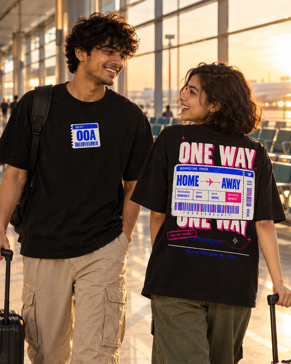 Two people in One Way tees walking through the terminal with suitcases, chest and back prints