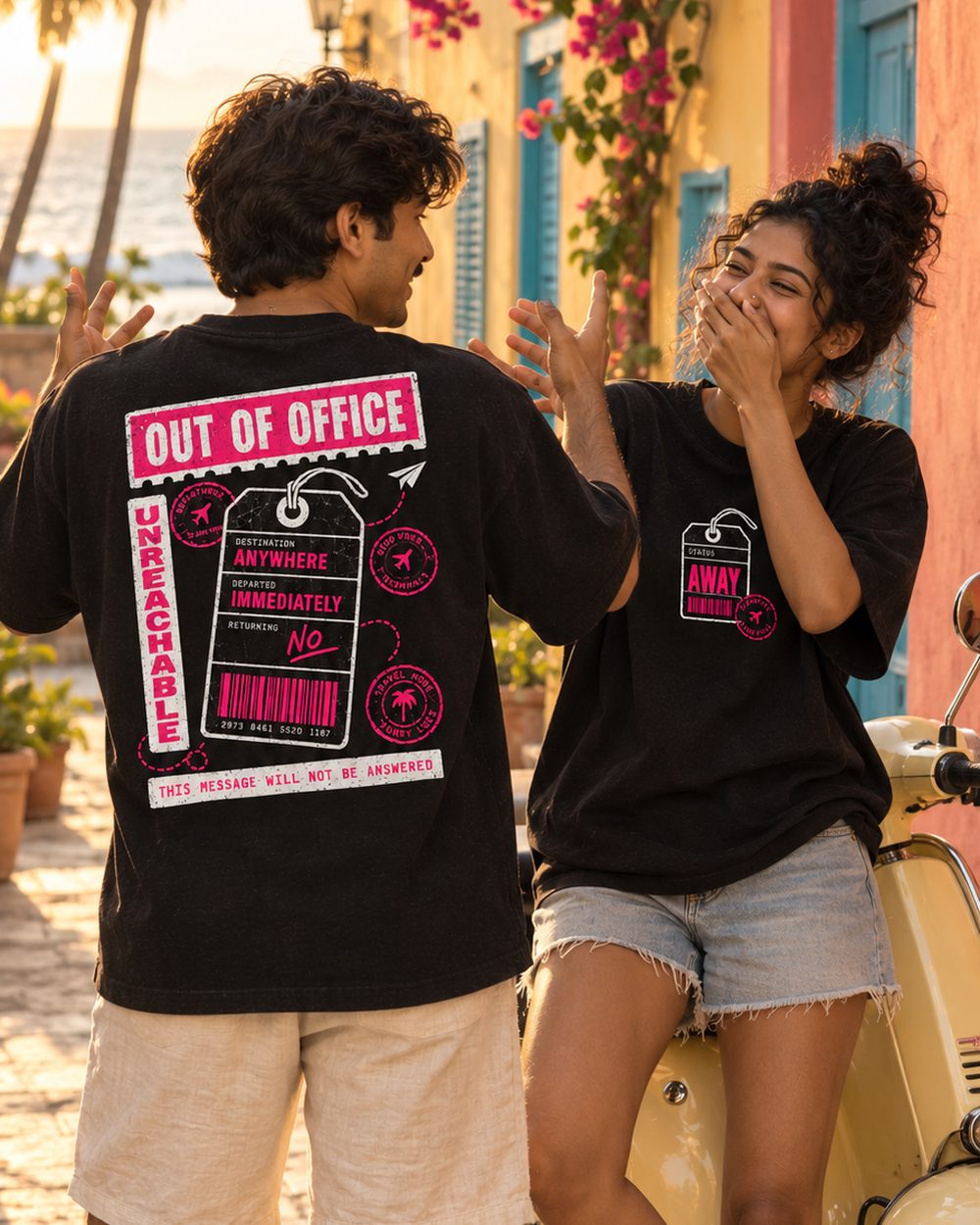 Two people in Out of Office tees laughing by a yellow scooter