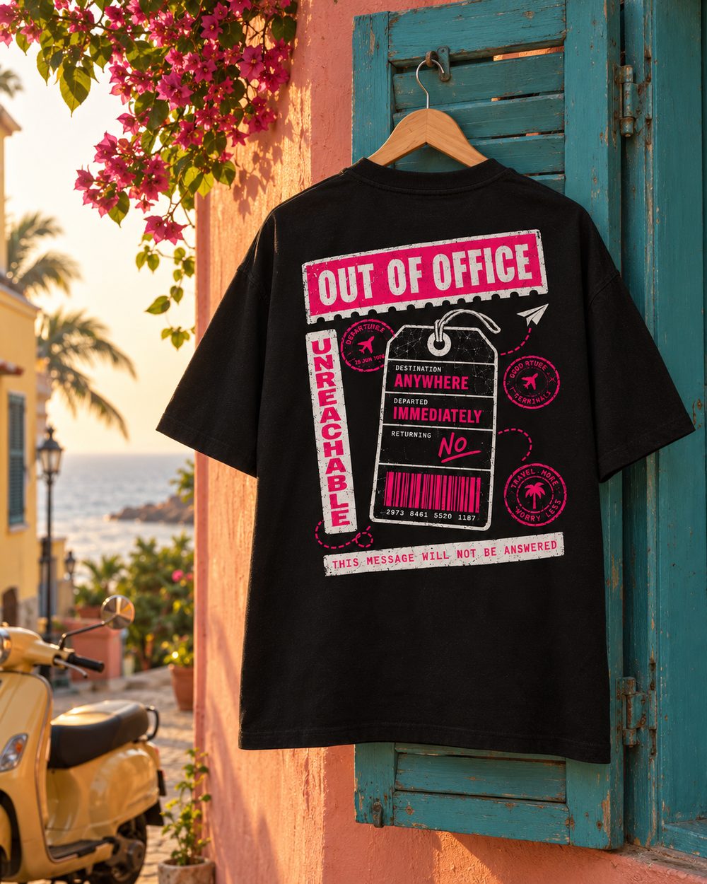 Out of Office tee on a hanger against a blue shutter, luggage tag back print