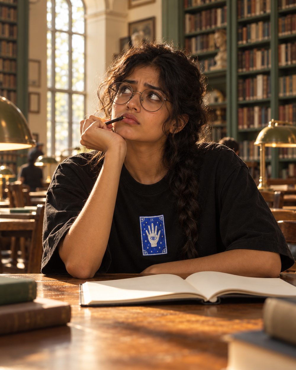The Overthinker tee, card IX chest print, deep in thought at a reading desk