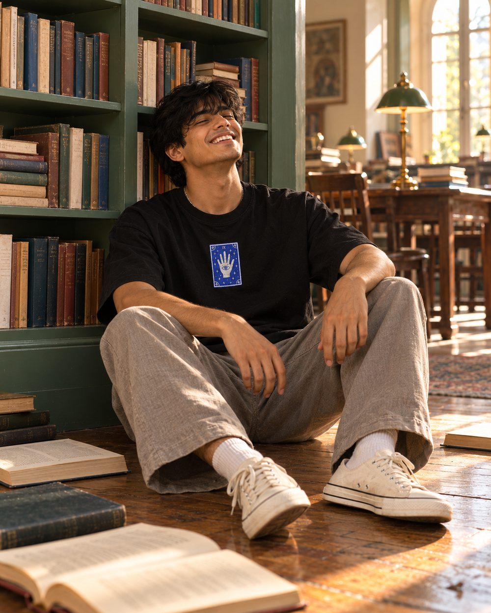 The Overthinker tee, card IX chest print, sitting on a library floor with books